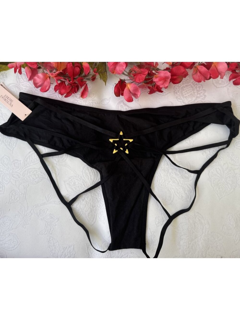 VICTORIA'S SECRET L SILKY STRAPPY STAR CHARM BACK SEXY BLACK THONG PANTIES NWT